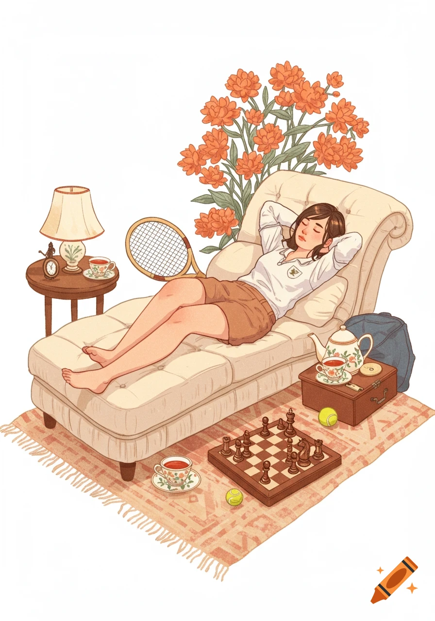 An illustration of a woman napping on a chaise lounge with a tennis racket, chess set, and tea nearby.