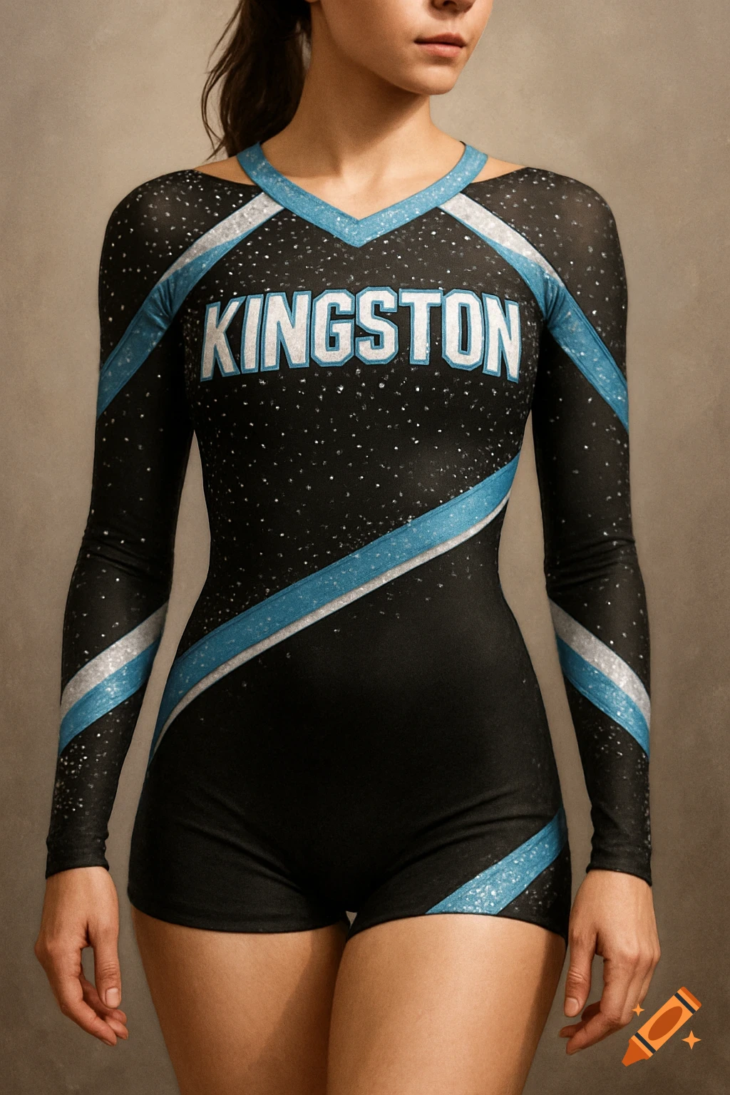 Woman in a black and blue cheerleading uniform with 'KINGSTON' across the chest.