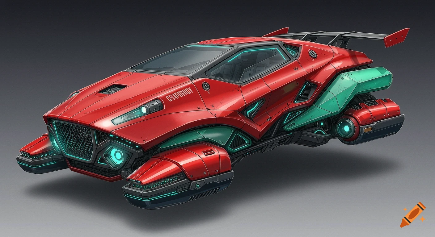 A red and teal futuristic hover car with intricate details and glowing lights.