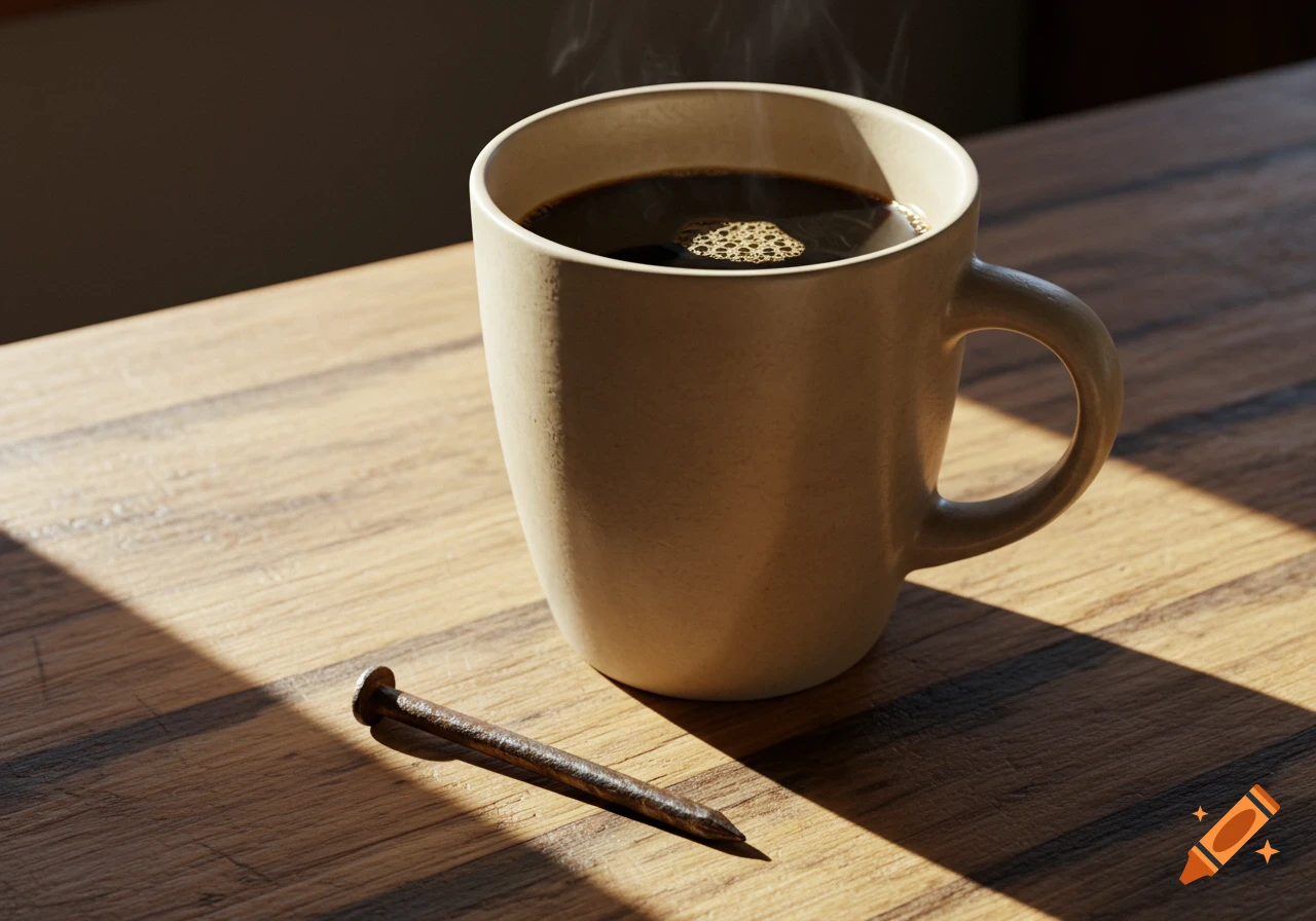 A steaming coffee mug and a rusty nail sit on a sunlit wooden table.