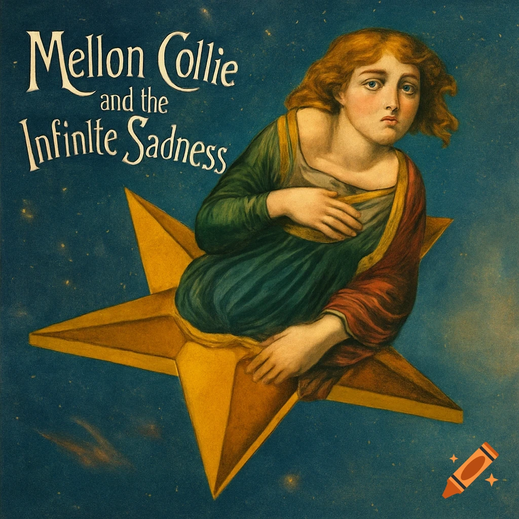 Figure on a golden star in a starry sky with text 'Mellon Collie and the Infinite Sadness' above, in a classical art style.