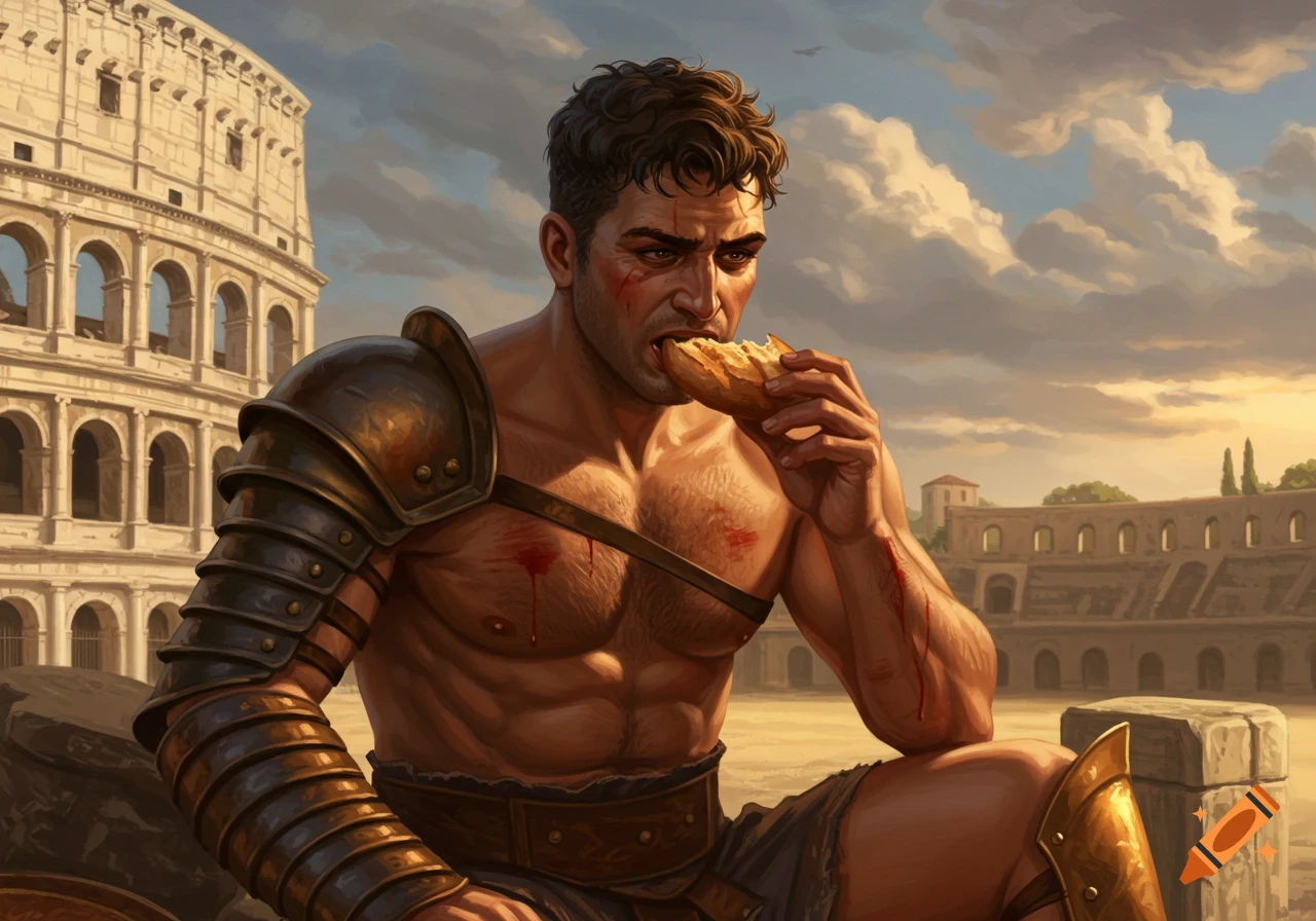 Muscular gladiator with cuts eating bread in front of a colosseum.