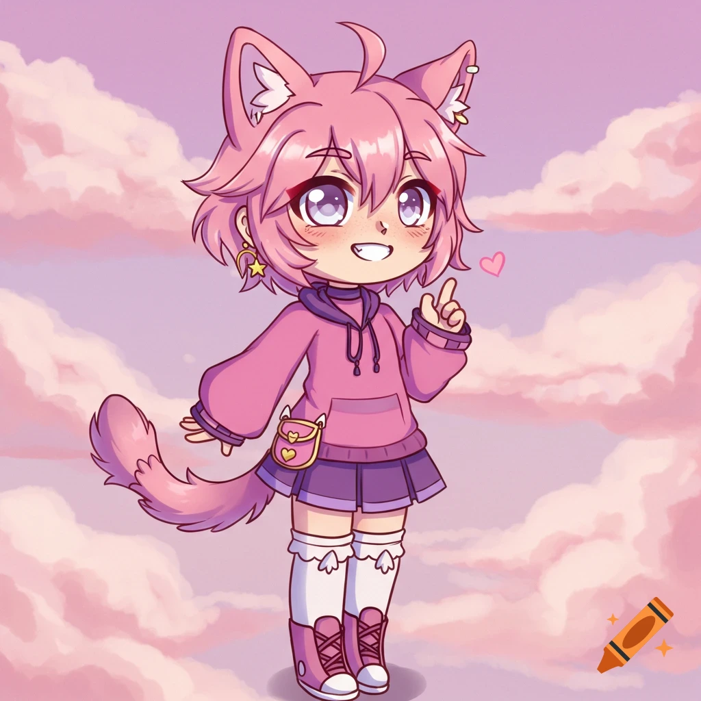 Anime cat-girl character in pink hoodie and purple skirt against cloudy sky.