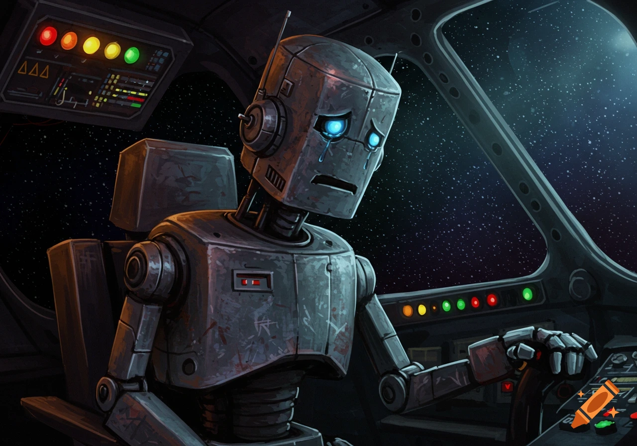 Sad robot pilot in a spaceship cockpit looking out the window, early 80s British scifi style