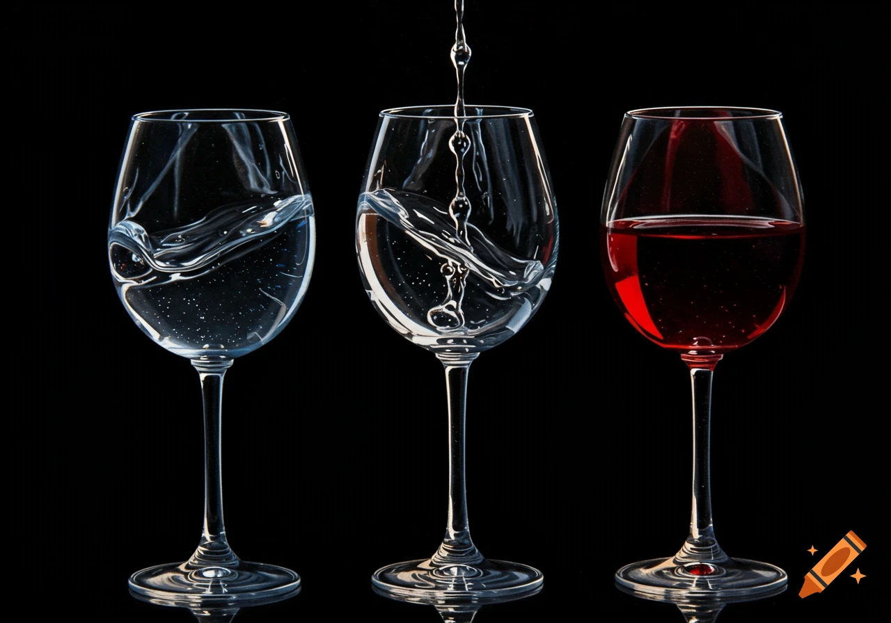 Three wine glasses on a black background. Two clear glasses are being filled with a clear liquid, while a third glass contains red liquid.