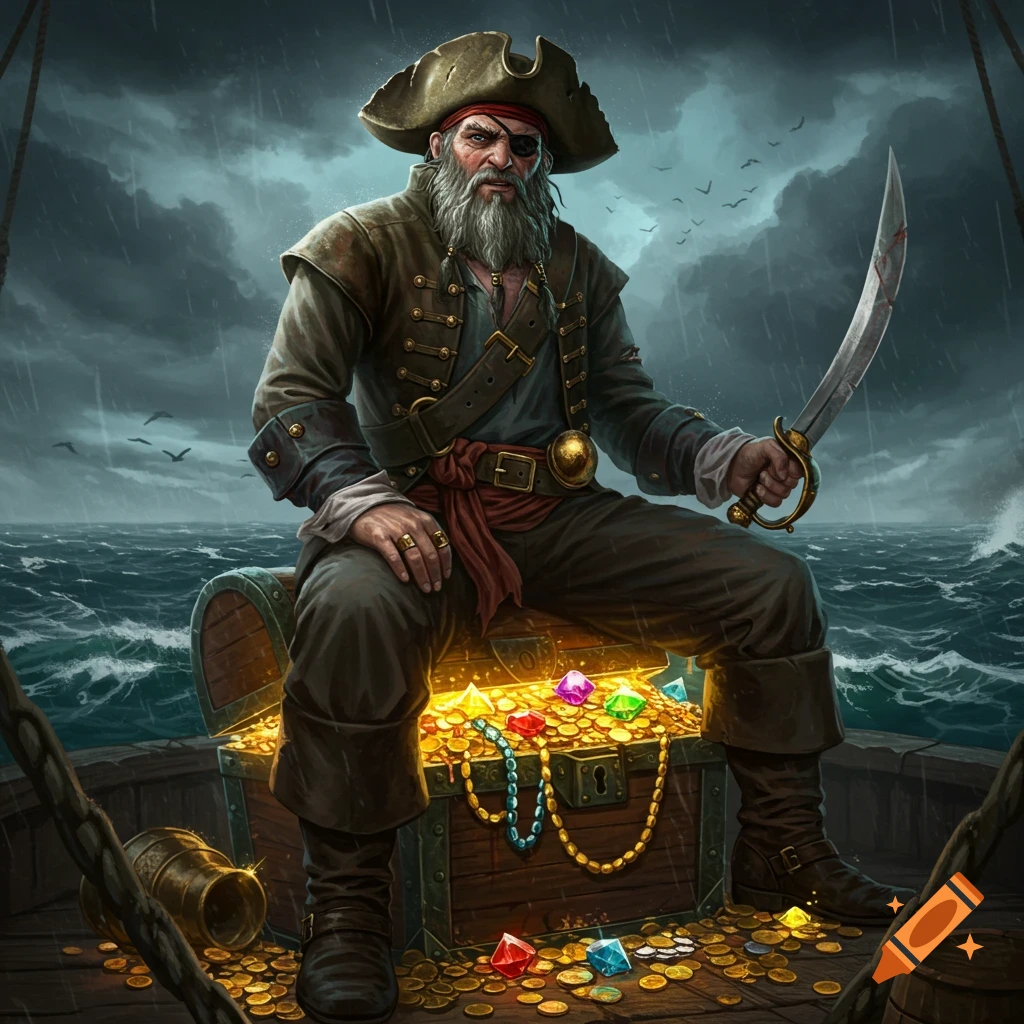 Illustration of a pirate sitting on a treasure chest filled with gold and gems on a stormy sea