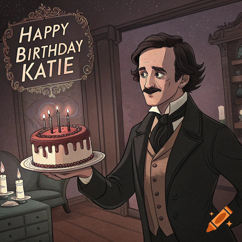 Edgar Allan Poe holds a birthday cake with "Happy Birthday Katie" on a sign in the background. Cartoon style.
