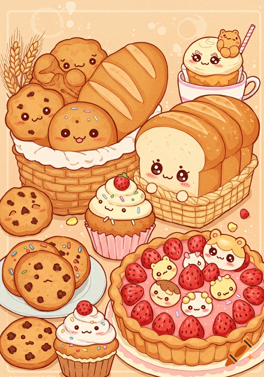 Anime illustration of cute baked goods with faces, including bread, cookies, cupcakes, and a strawberry tart.
