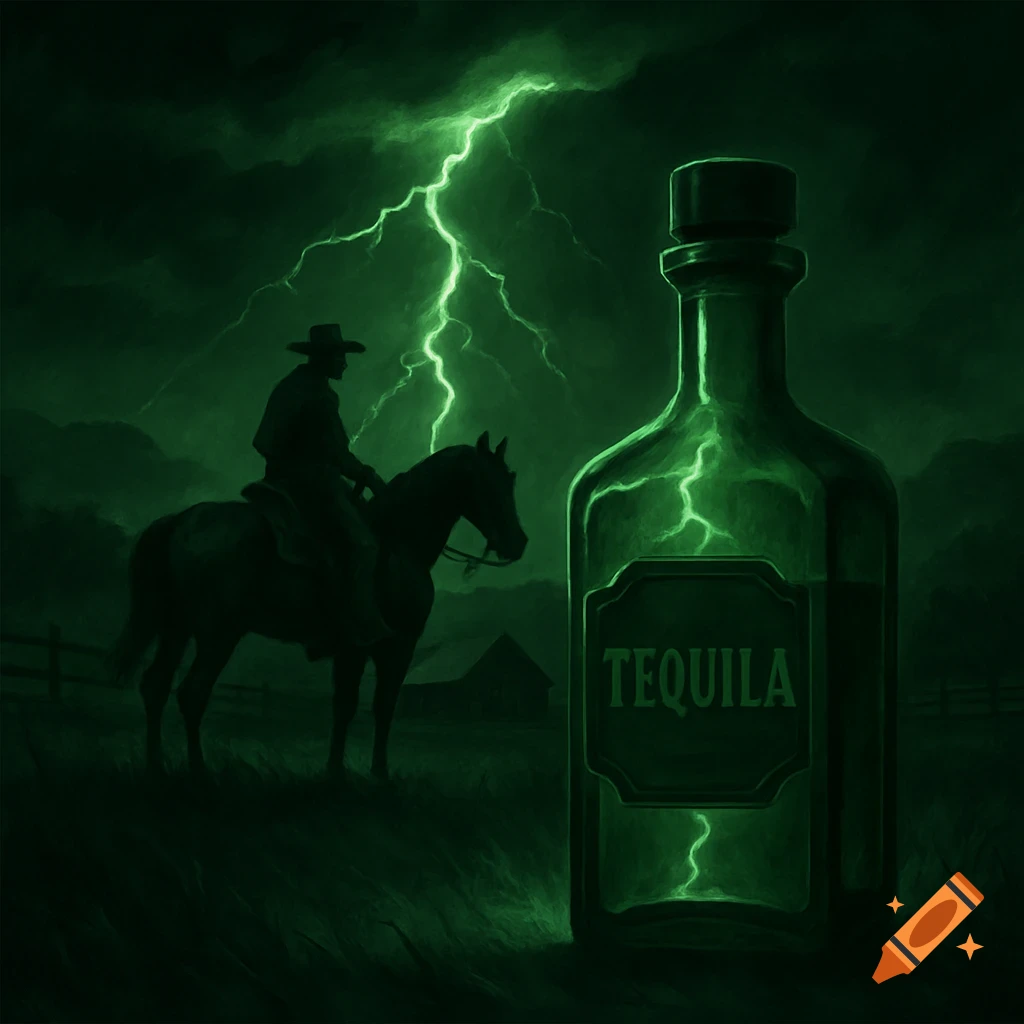 A cowboy rides a horse during a green lightning storm next to a glowing tequila bottle.