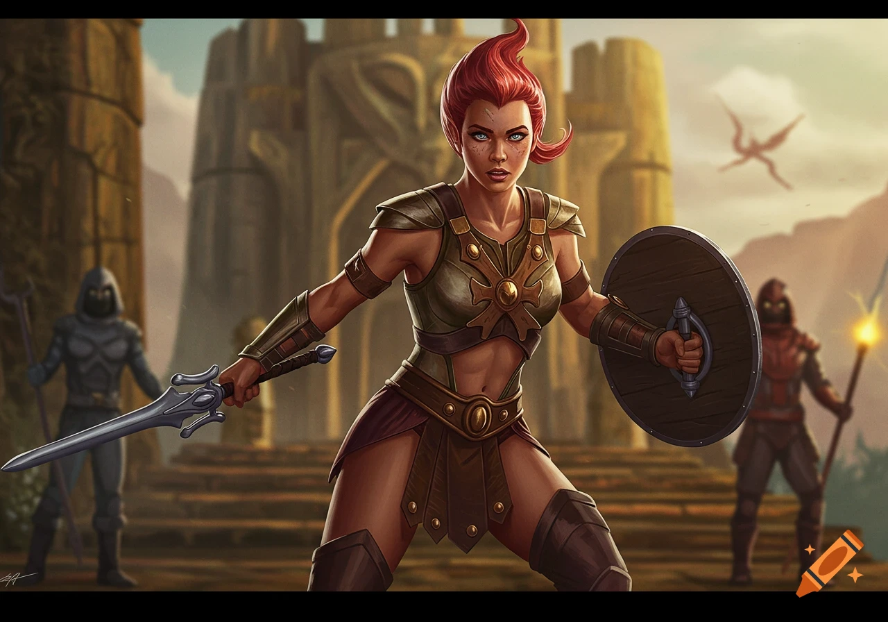 A female fantasy warrior in bronze and leather armor holds a sword and shield, standing in front of ancient stone ruins with other figures in the background.