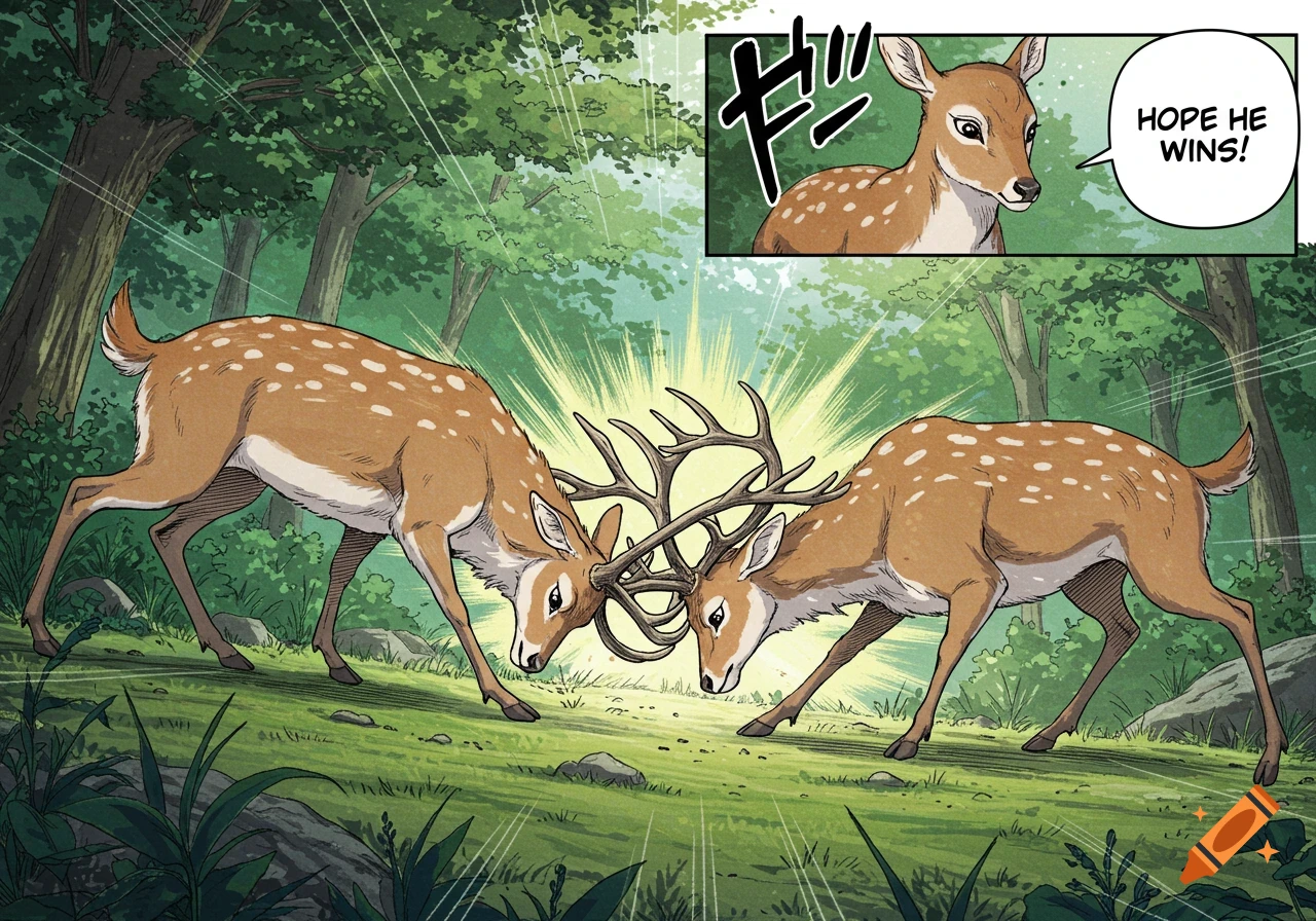 Manga panel showing two deer fighting antlers in a forest, with a smaller panel of another deer saying 'HOPE HE WINS!'