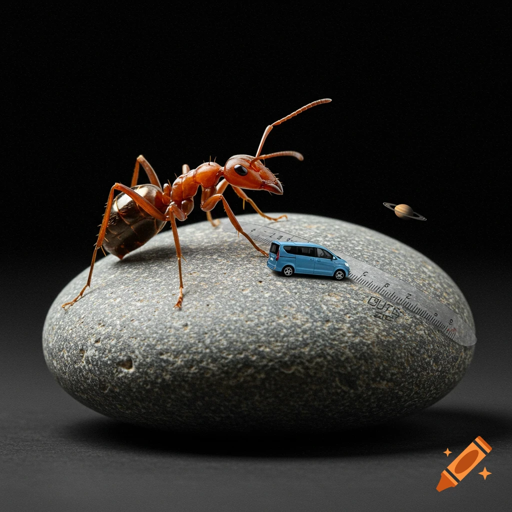 A large ant stands on a stone next to a miniature car and ruler, with Saturn visible in the background.