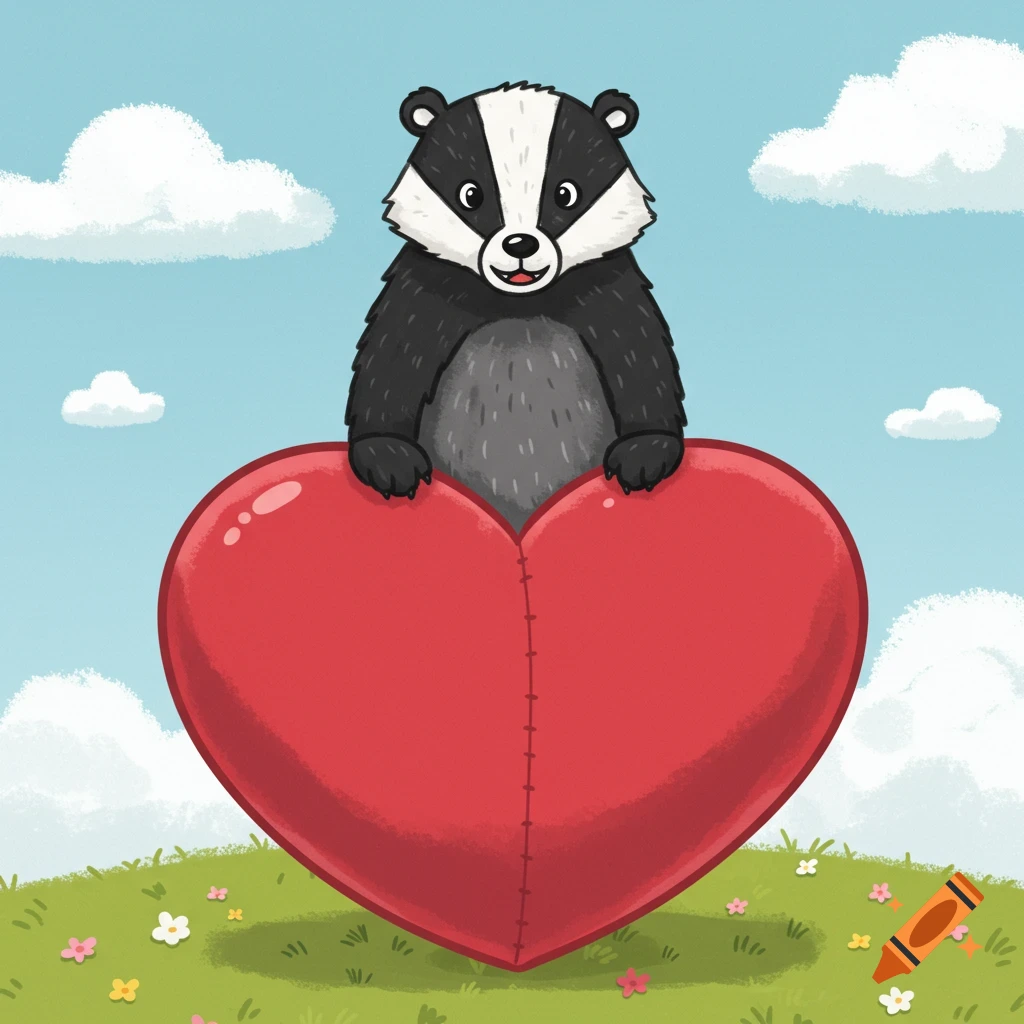 A cartoon badger holds a large red heart on a grassy hill under a blue sky.