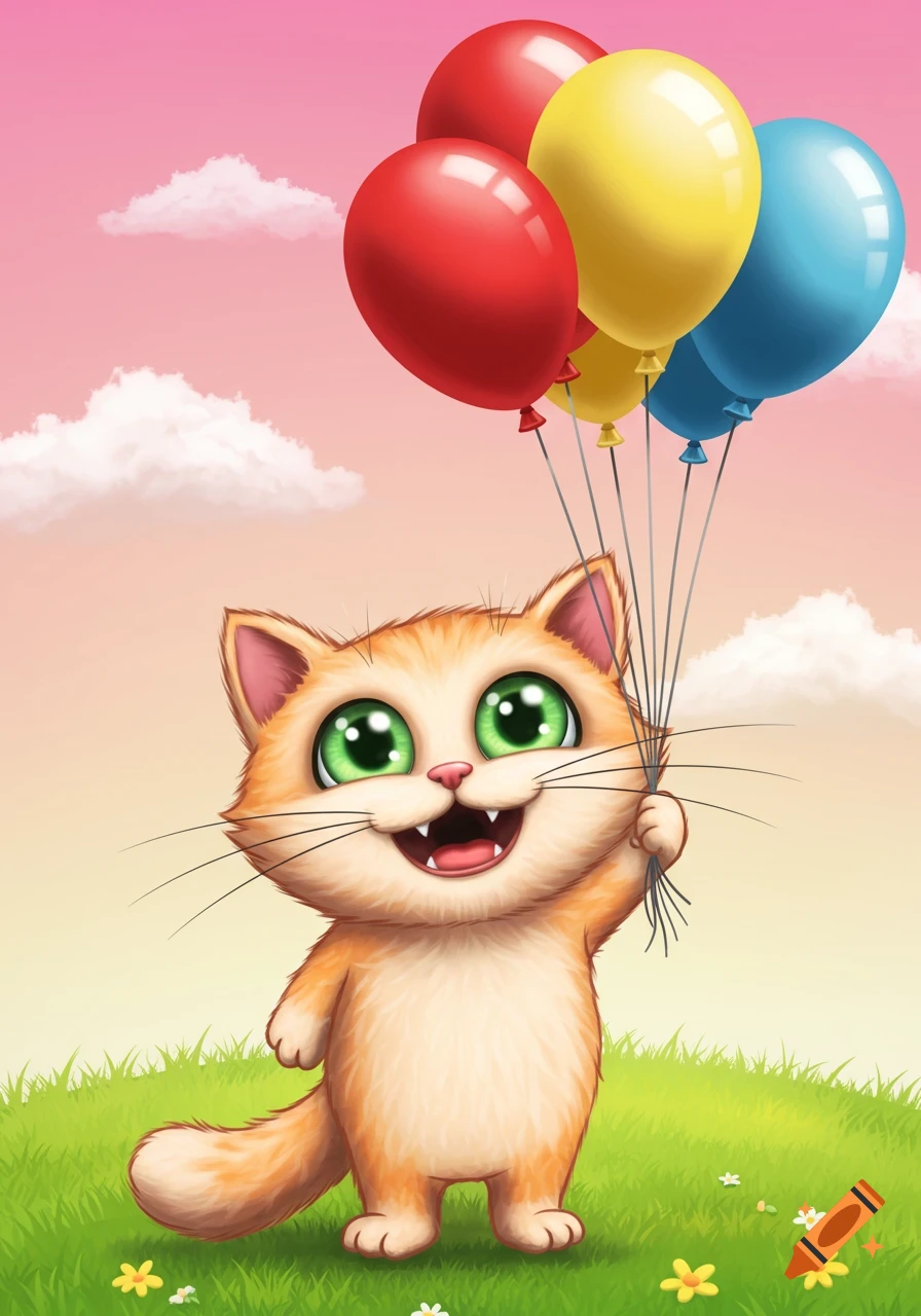 A happy cartoon cat with big green eyes holds a bunch of colorful balloons in a grassy field.