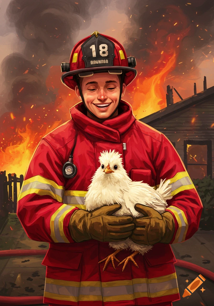 A young firefighter in a red helmet and jacket holds a fluffy white chicken, smiling in front of a house fire. Style: illustration.