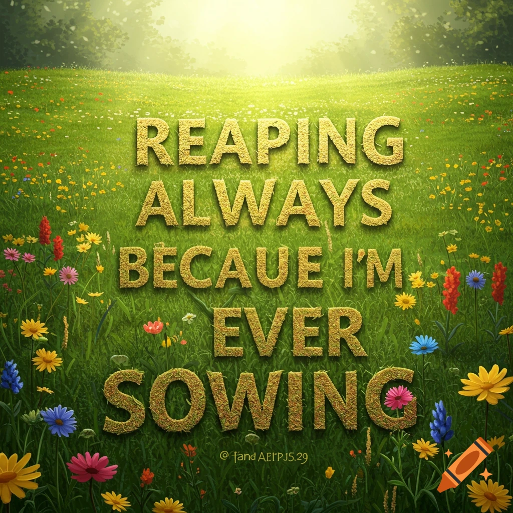 A sunny grassy field with colorful flowers and large text embedded in the grass reading 'REAPING ALWAYS BECAUSE I'M EVER SOWING'.