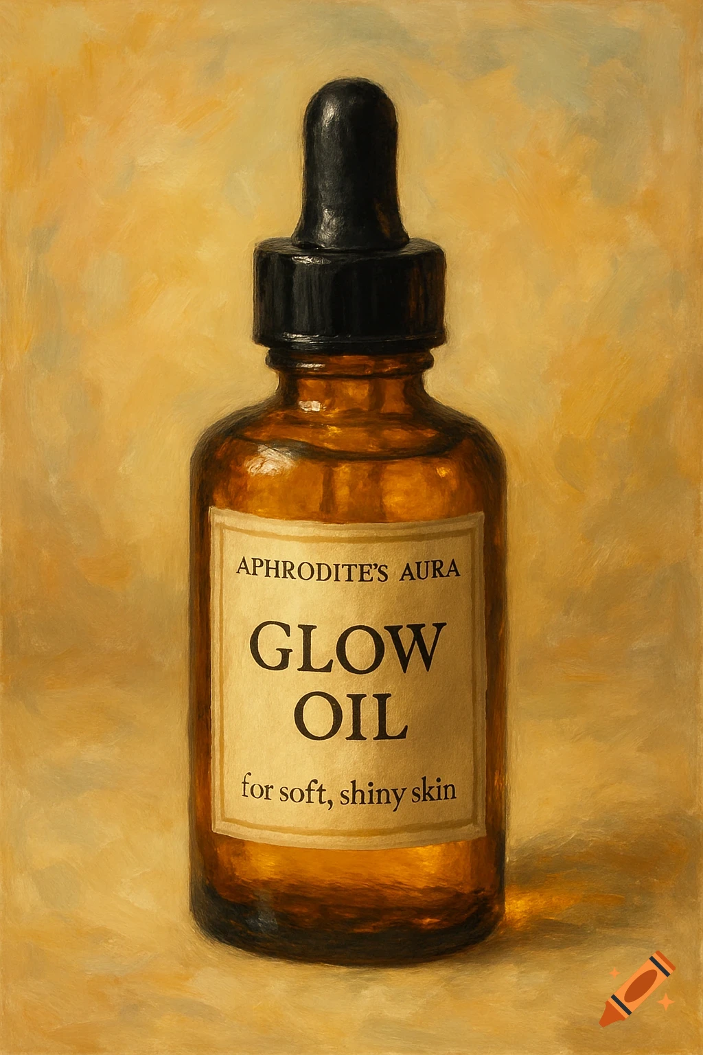 A painted still life of a bottle of Aphrodite's Aura Glow Oil against a yellow background.