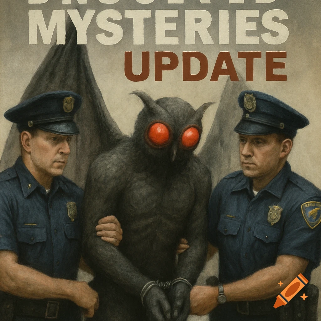 Mothman being arrested by two police officers under text reading 'MYSTERIES UPDATE'. Illustration.