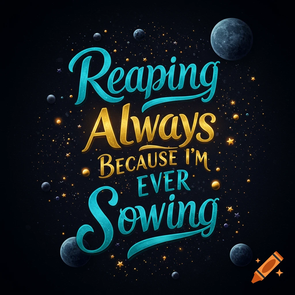 Stylized lettering 'Reaping Always Because I'm Ever Sowing' on a dark space background with planets and stars.