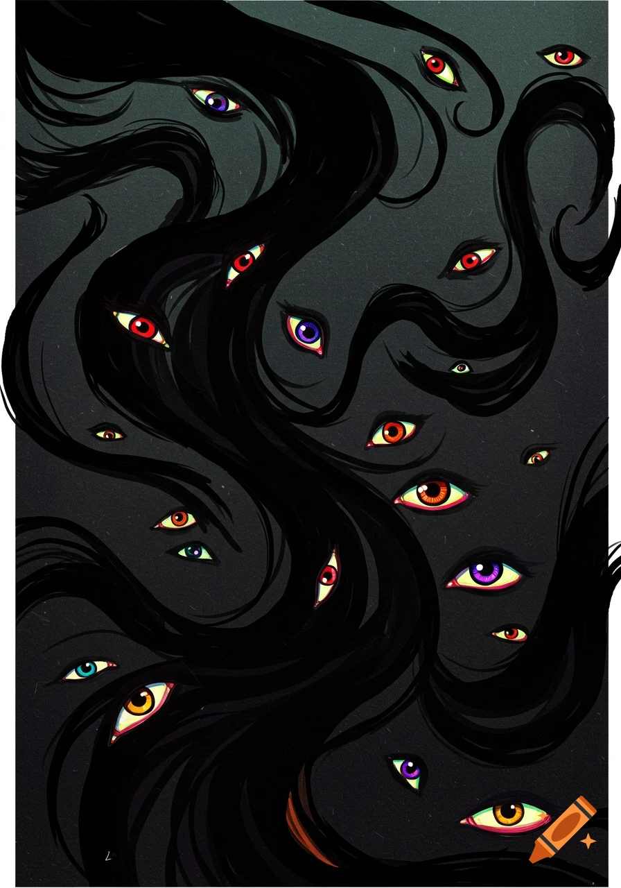 Illustration of flowing dark shapes filled with many eyes of different colors.