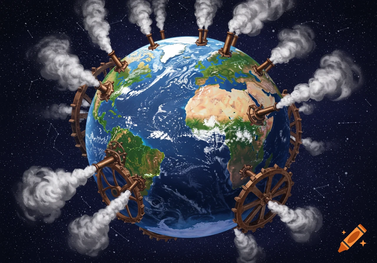A steampunk depiction of Earth with gears and smoke stacks around it, floating in space.