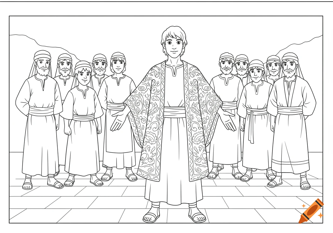 A black and white line art coloring page shows a young man in an ornate robe standing before several men in simpler robes.