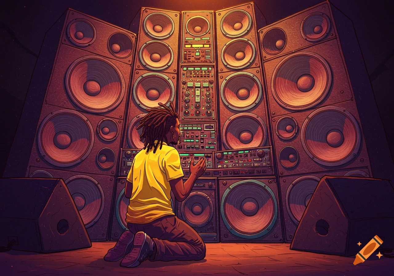 Person kneeling before a large wall of speakers and audio equipment illustration.