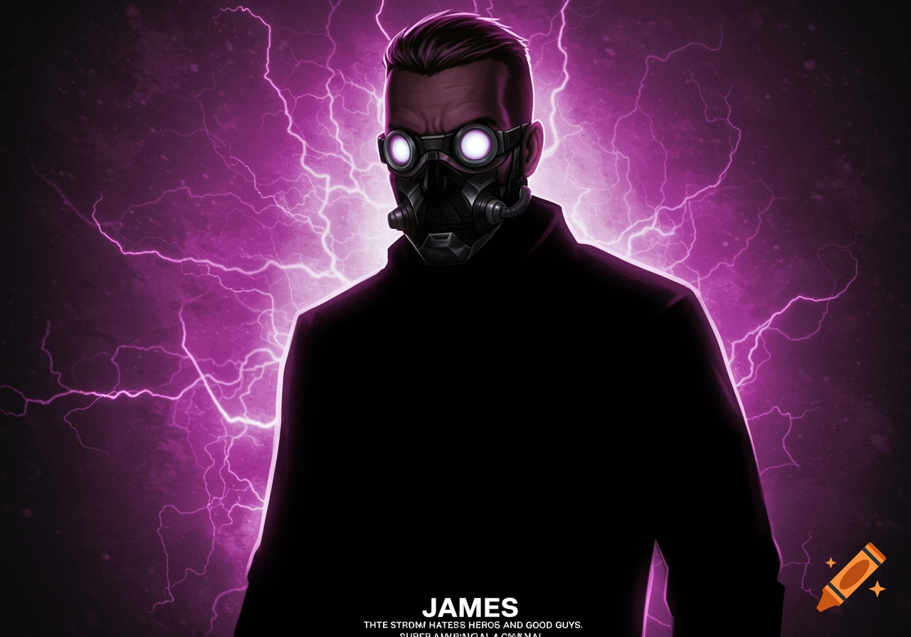 Stylized portrait of a figure in a gas mask and goggles silhouetted against purple lightning.