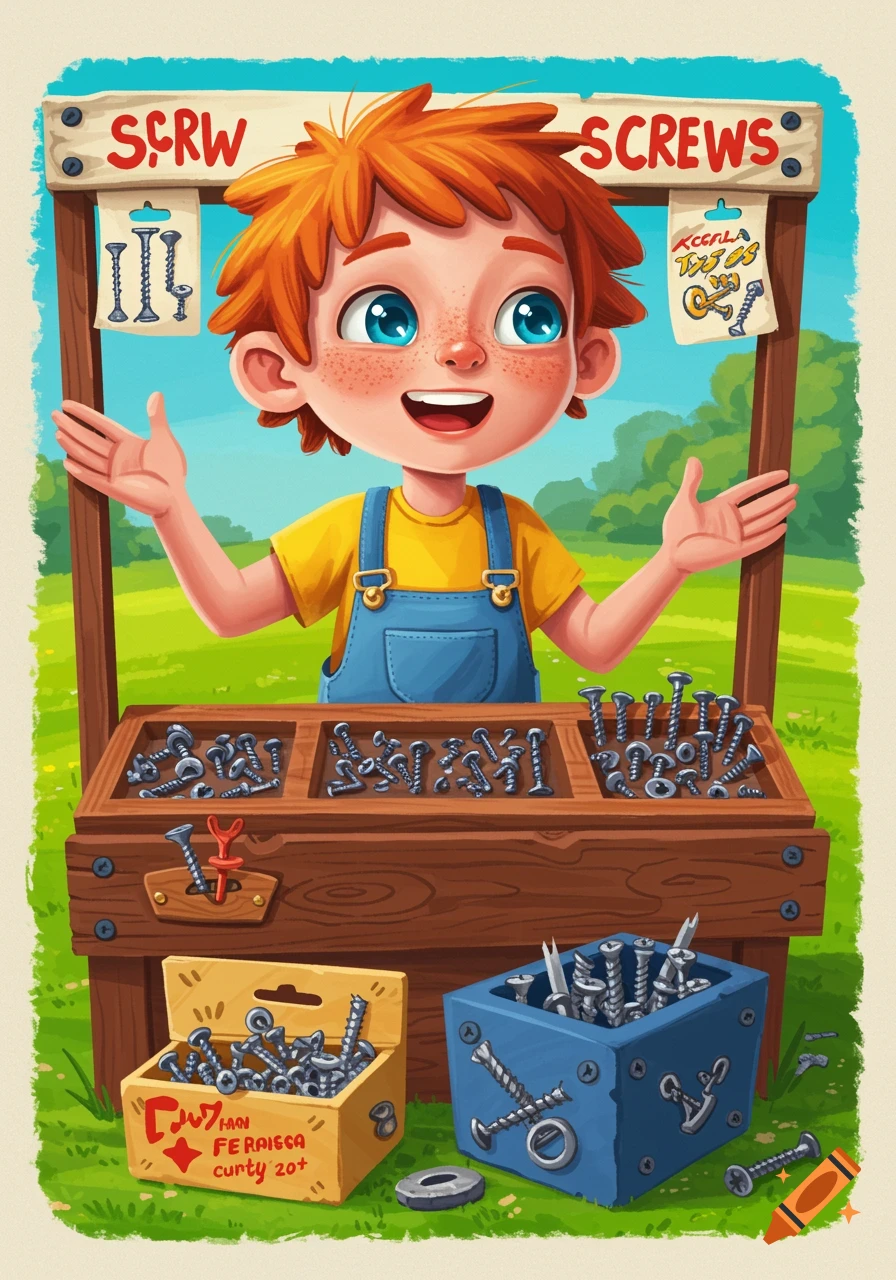 Illustration of a red-headed cartoon boy selling screws at a stand with a sign saying 'SCRW SCREWS'.