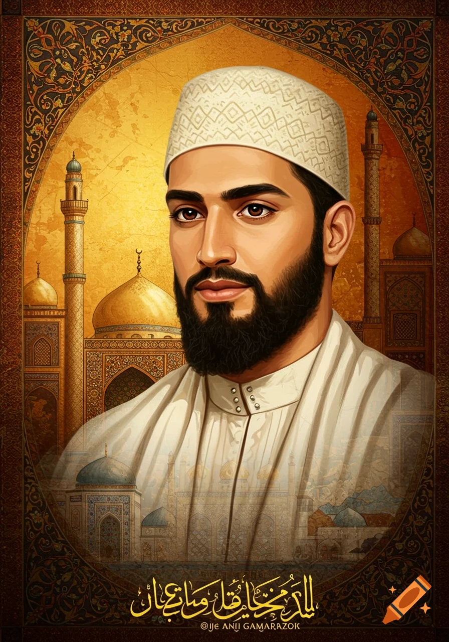 Portrait of a man with a beard and cap, with mosques in the background, in an ornate frame.