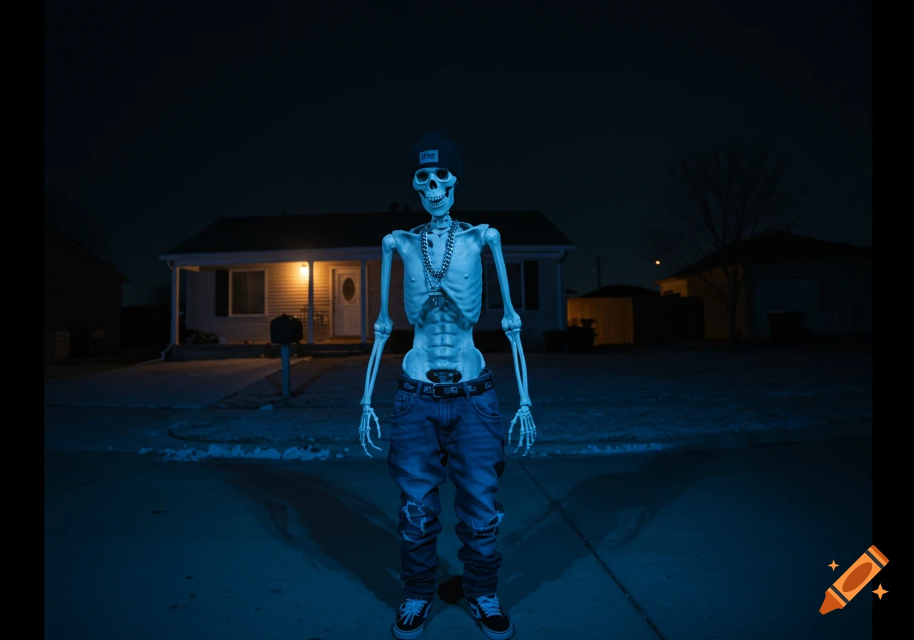 A skeleton in baggy jeans, beanie, and chain stands outside a suburban house at night, viewed with a fisheye lens effect.