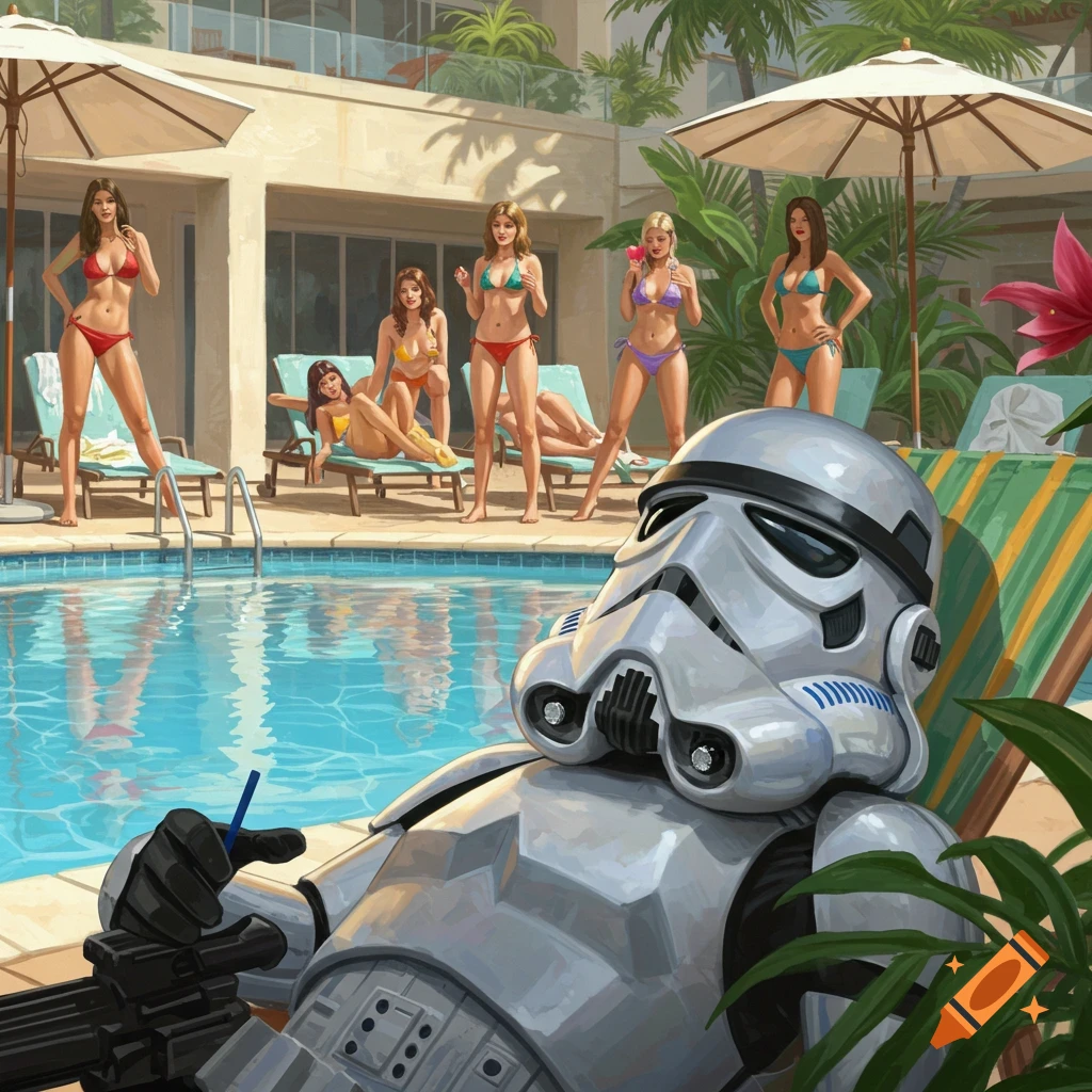 Illustration of a Stormtrooper relaxing by a pool with several women in bikinis.