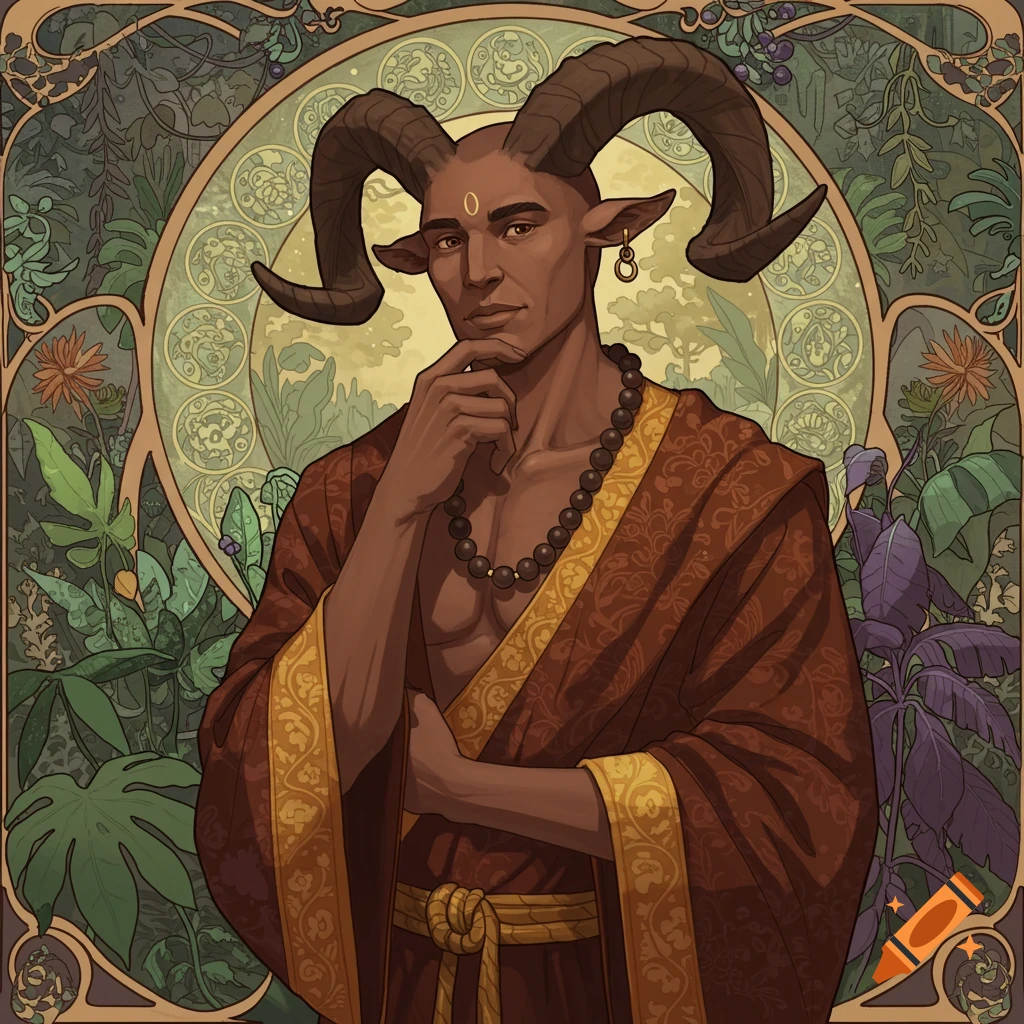 Art Nouveau portrait of a satyr-like monk with horns in a brown robe against a decorative, natural background.