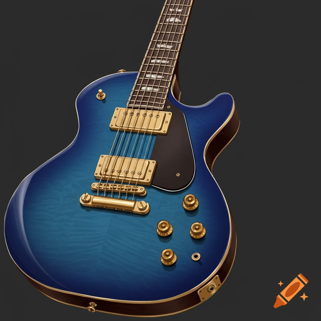 Close up of a blue electric guitar with gold hardware