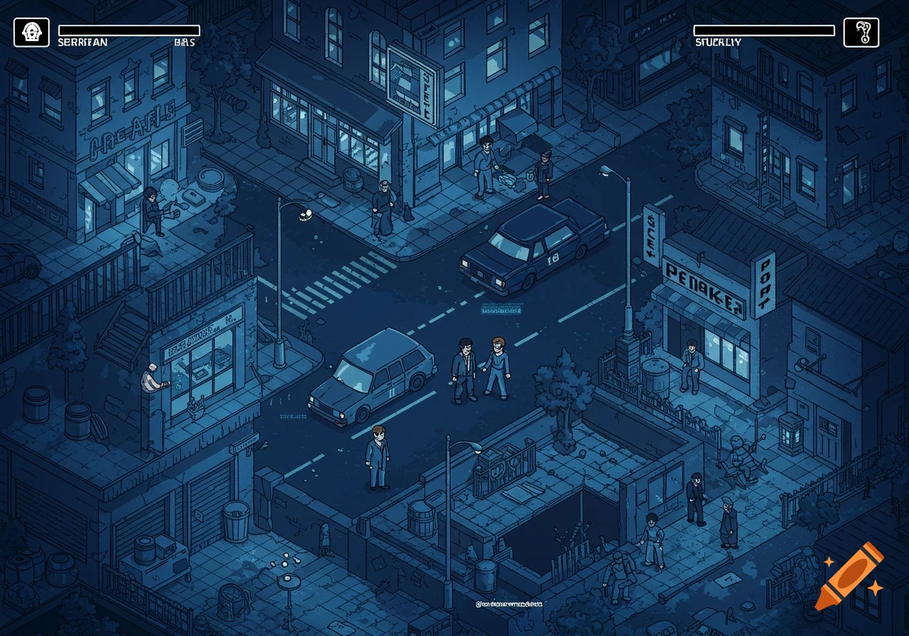 Isometric pixel art birds-eye view of a city street scene in blue and black.