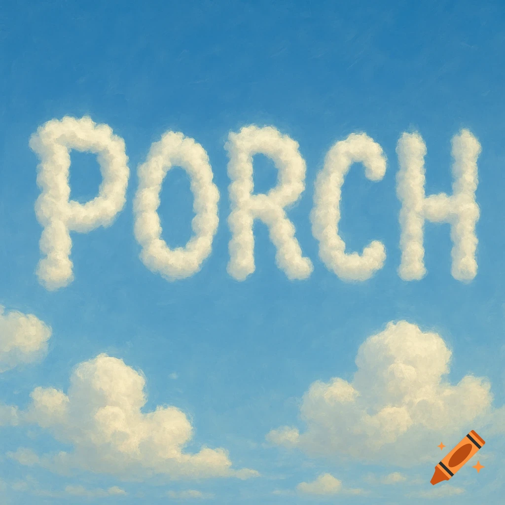 The word PORCH is spelled out in white clouds against a blue sky.