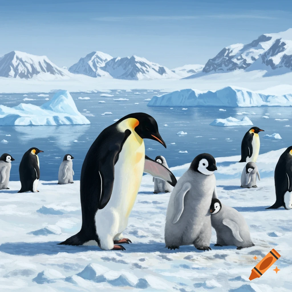 A group of emperor penguins and chicks stand on snowy ground in Antarctica, with icy water, icebergs, and mountains in the background.