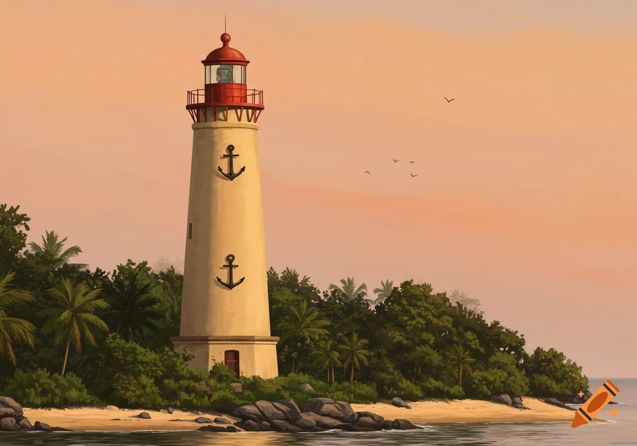 An illustrated lighthouse with anchors on a tropical island beach at sunset.