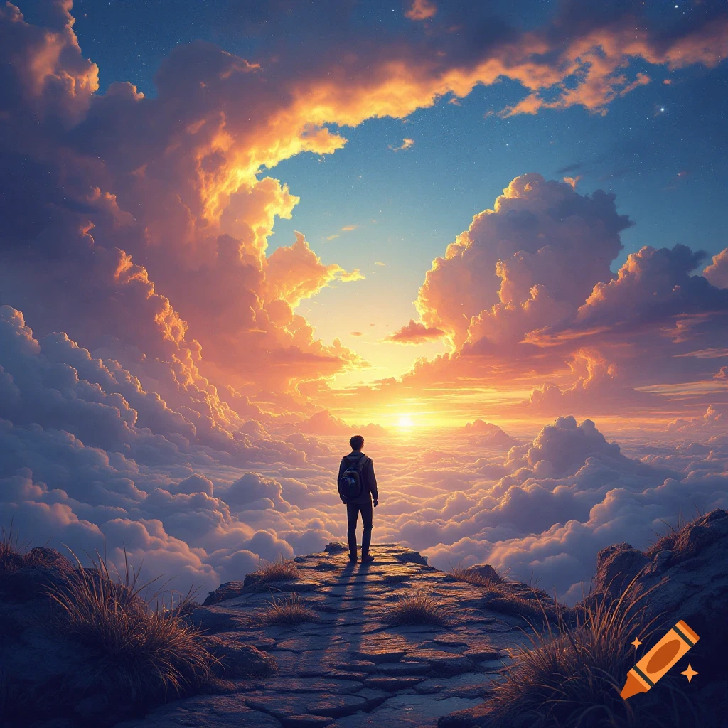 Person stands on a cliff overlooking clouds and a glowing sunset sky.