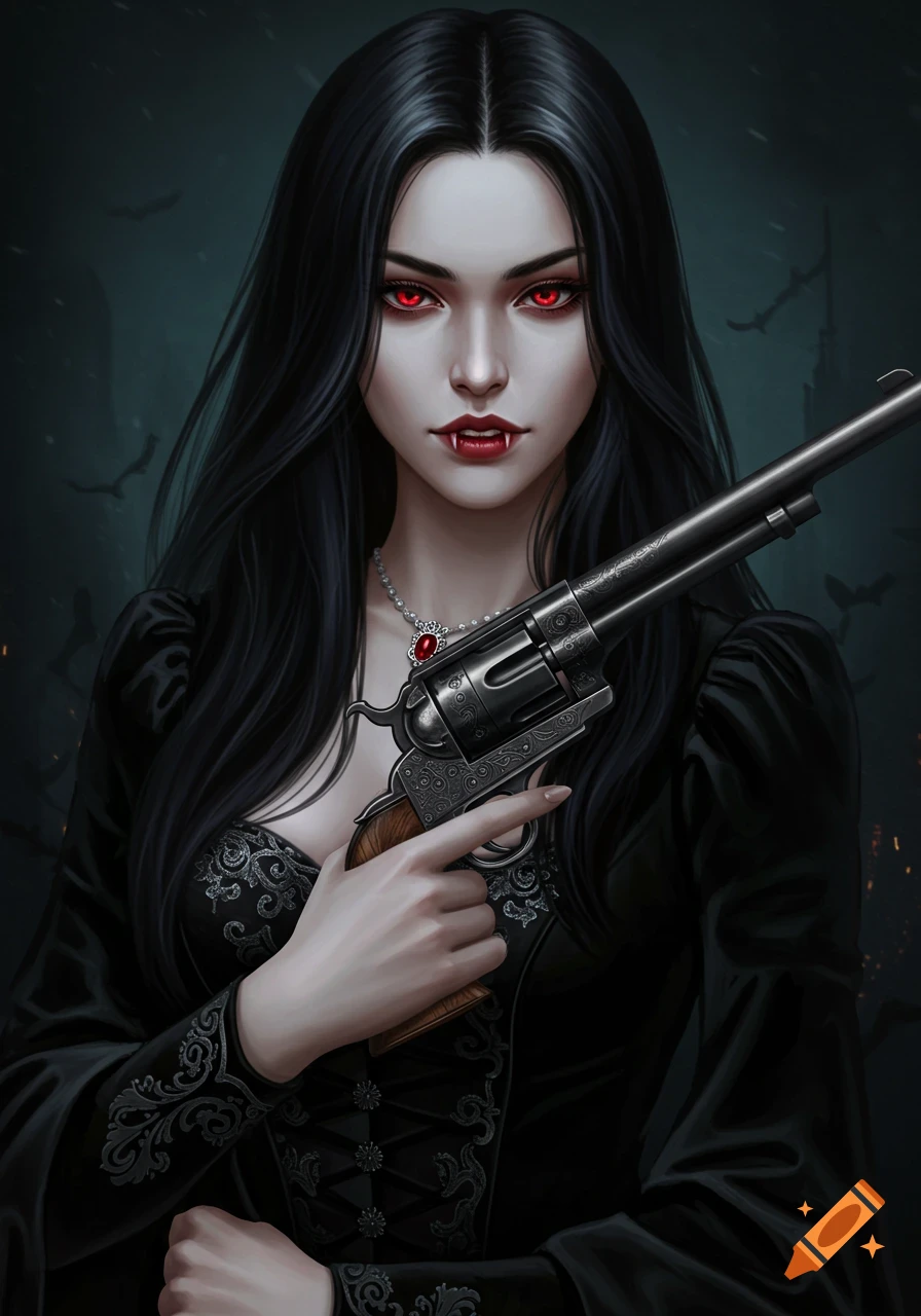Portrait of a female vampire with red eyes and fangs, holding a gun in a dark setting with bats.