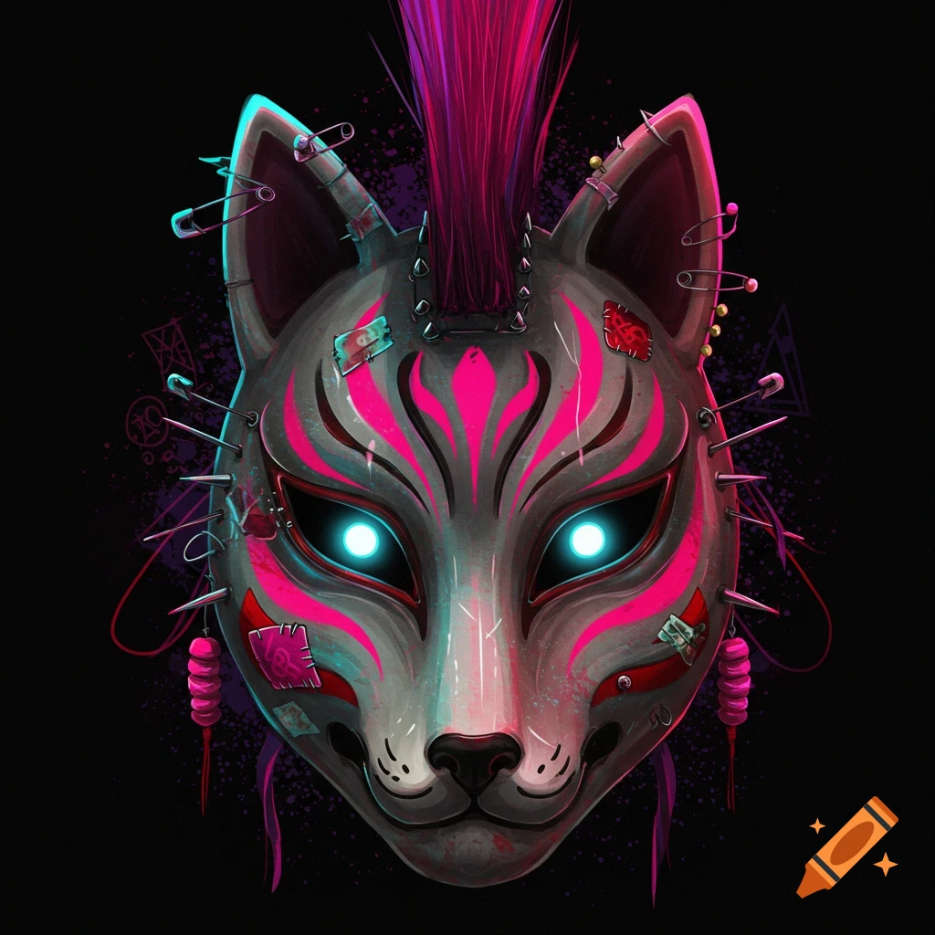 A detailed digital illustration of a punk kitsune mask with a pink mohawk, spikes, safety pins, patches, and glowing blue eyes.