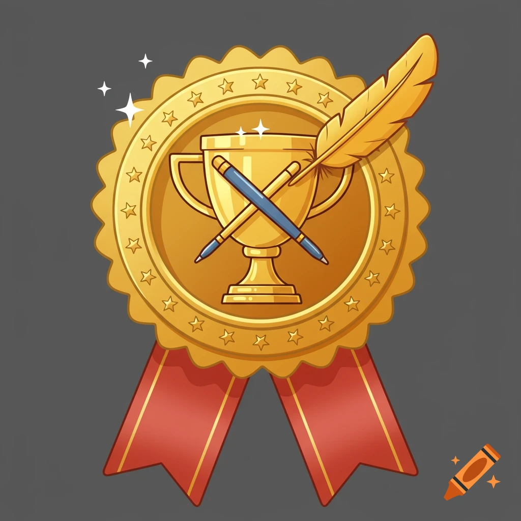 A cartoon-style gold achievement badge with a trophy, crossed pens, and a feather pen.