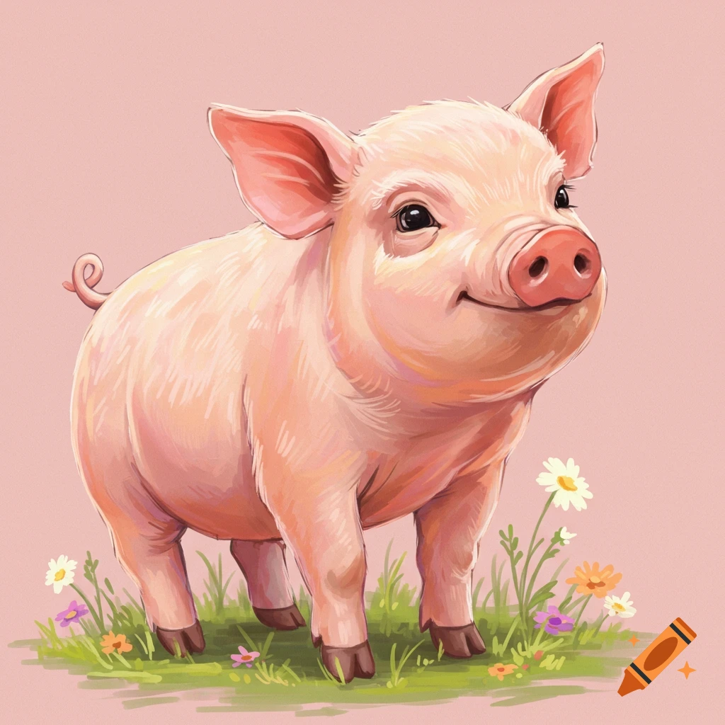 Illustration of a cute pig standing in grass with flowers