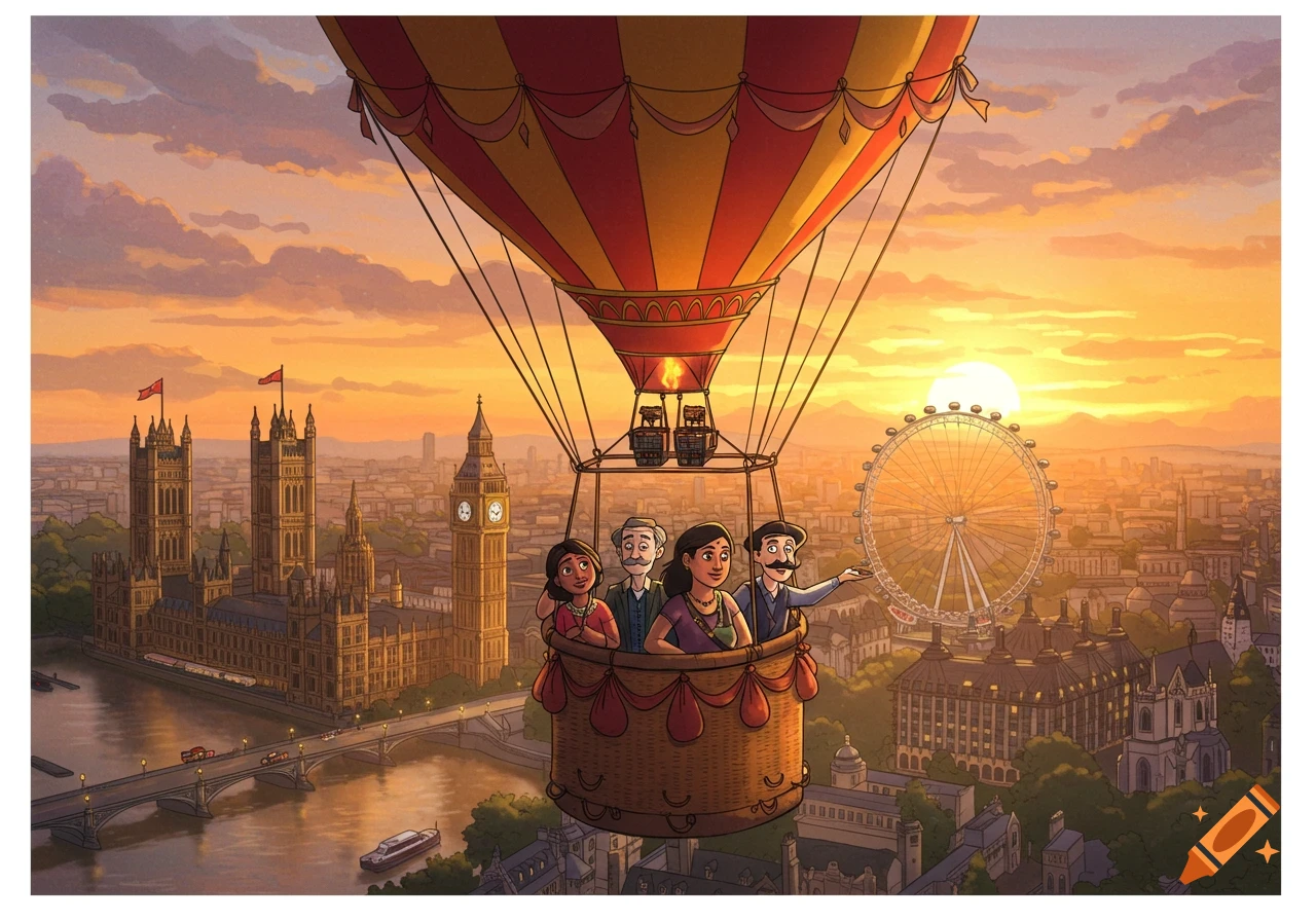 Watercolor illustration of a hot air balloon with people flying over London at sunset.
