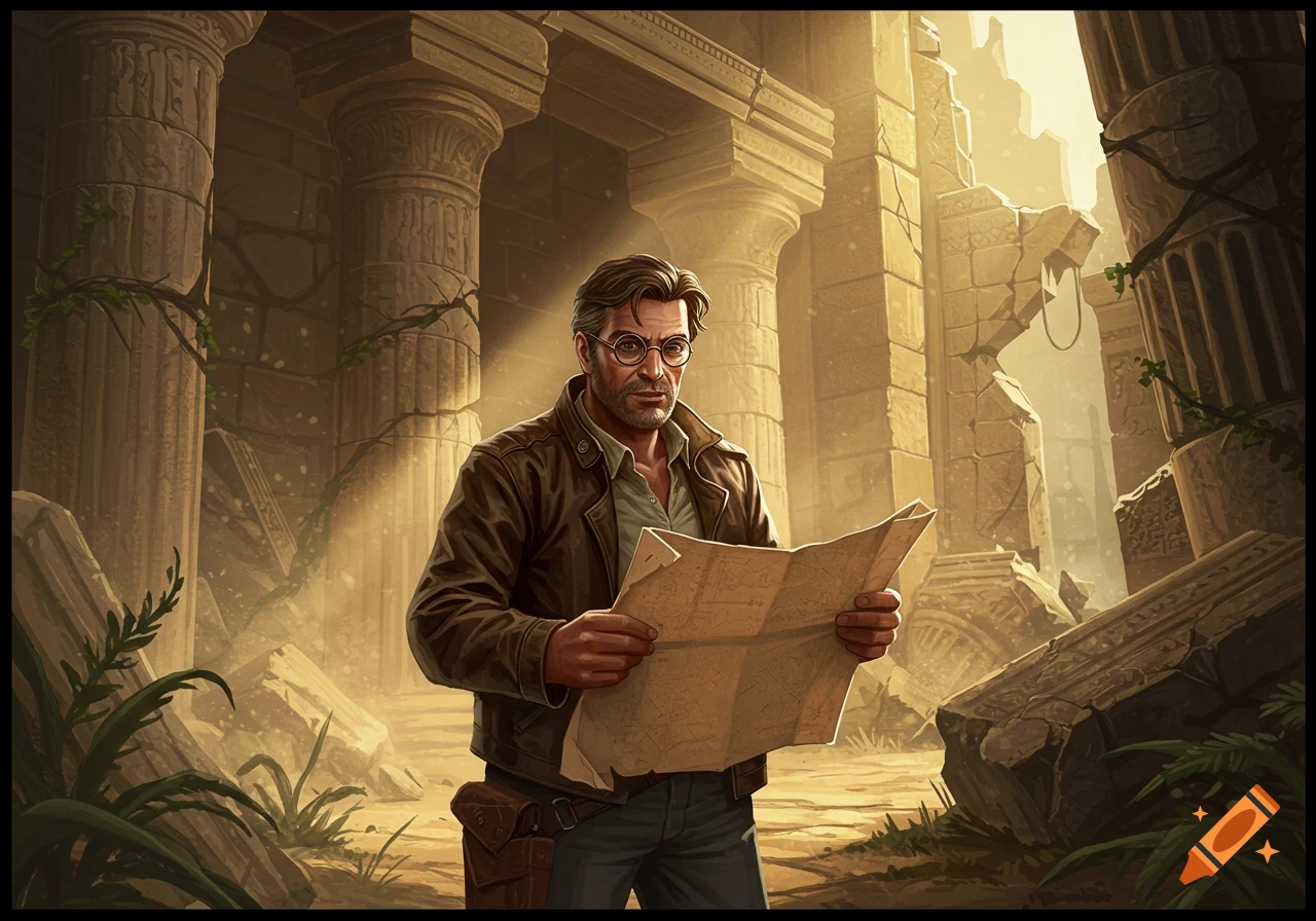 An explorer with glasses looks at a map in the ruins of an ancient temple.