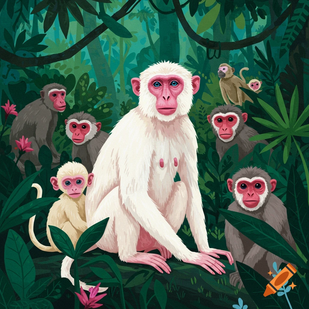 Illustration of an albino monkey surrounded by normal monkeys in a lush jungle.