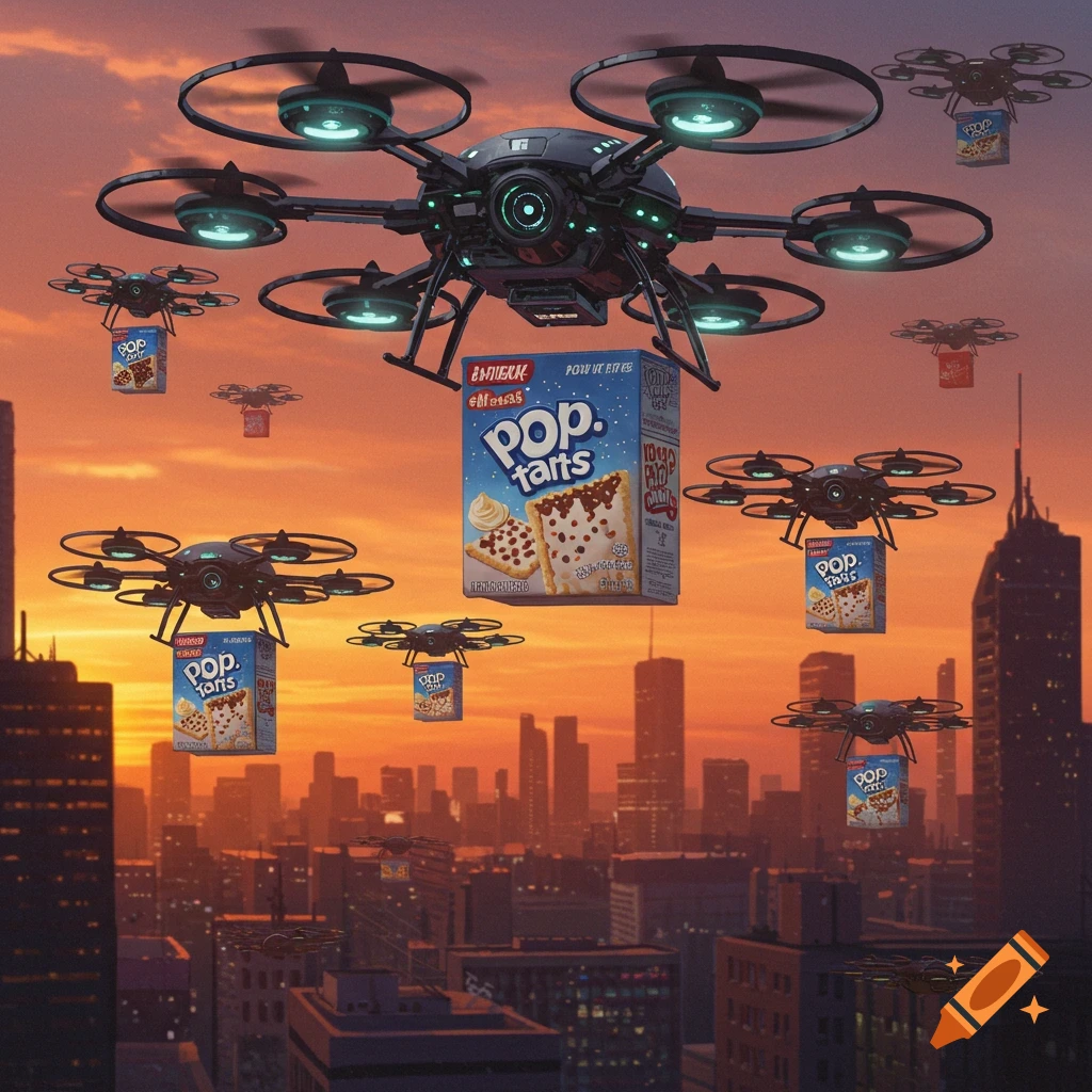 Drones fly over a city skyline at sunset, carrying boxes of Pop-Tarts.