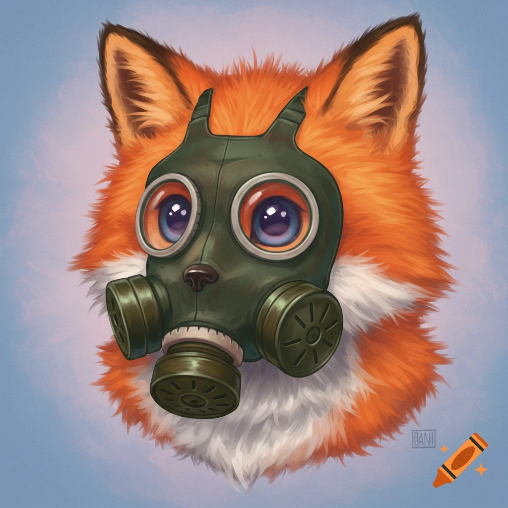 Illustration of a cute fox wearing a gas mask