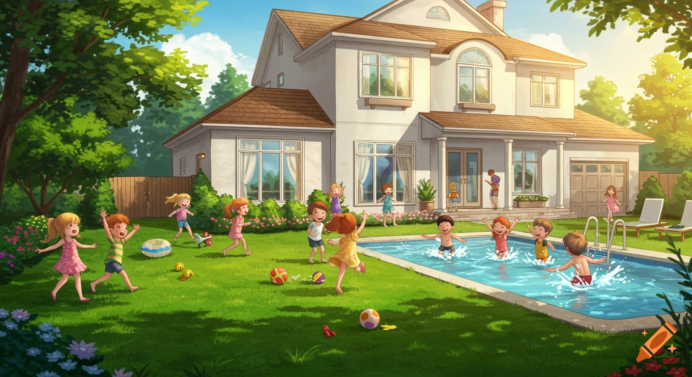 Illustration of kids playing in a yard with a house and swimming pool.