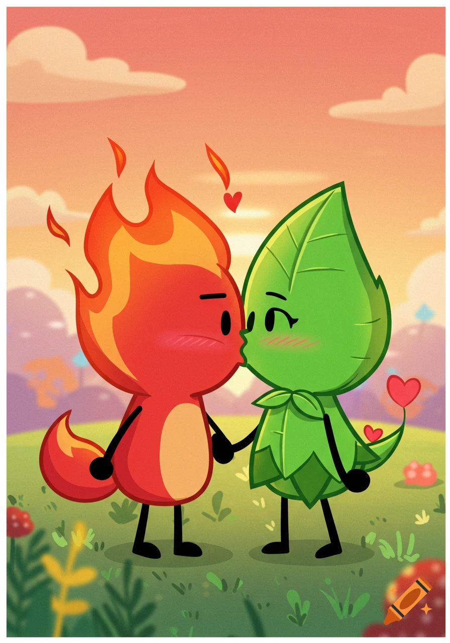 Cartoon characters Firey and Leafy from BFDI kissing in a grassy landscape.